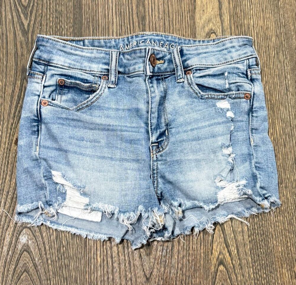 American Eagle Outfitters Women's Distressed Super Stretch Jean Shorts Blue Sz 4